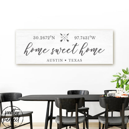 Personalized 'Home Sweet Home' wall art featuring coordinates for Austin, Texas. Stylish light background design, perfect for home décor and housewarming gifts.
