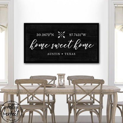 Personalized 'Home Sweet Home' wall art with coordinates for Austin, Texas. Elegant black background design, perfect for modern home décor and unique housewarming gifts
