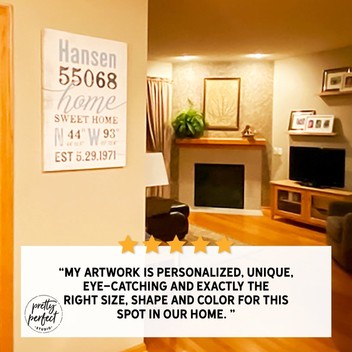 Customer product review for personalized home sweet home location sign by Pretty Perfect Studio