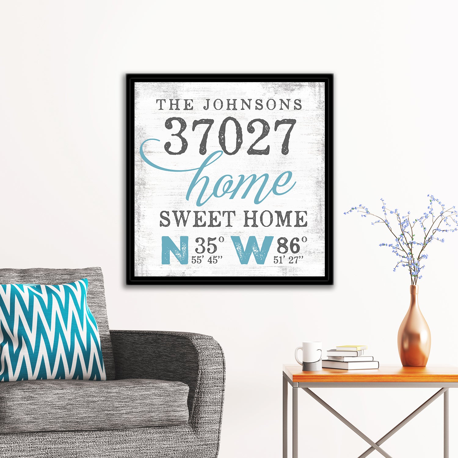 Custom Name Sign With Zip Code & Location in Living Room - Pretty Perfect Studio