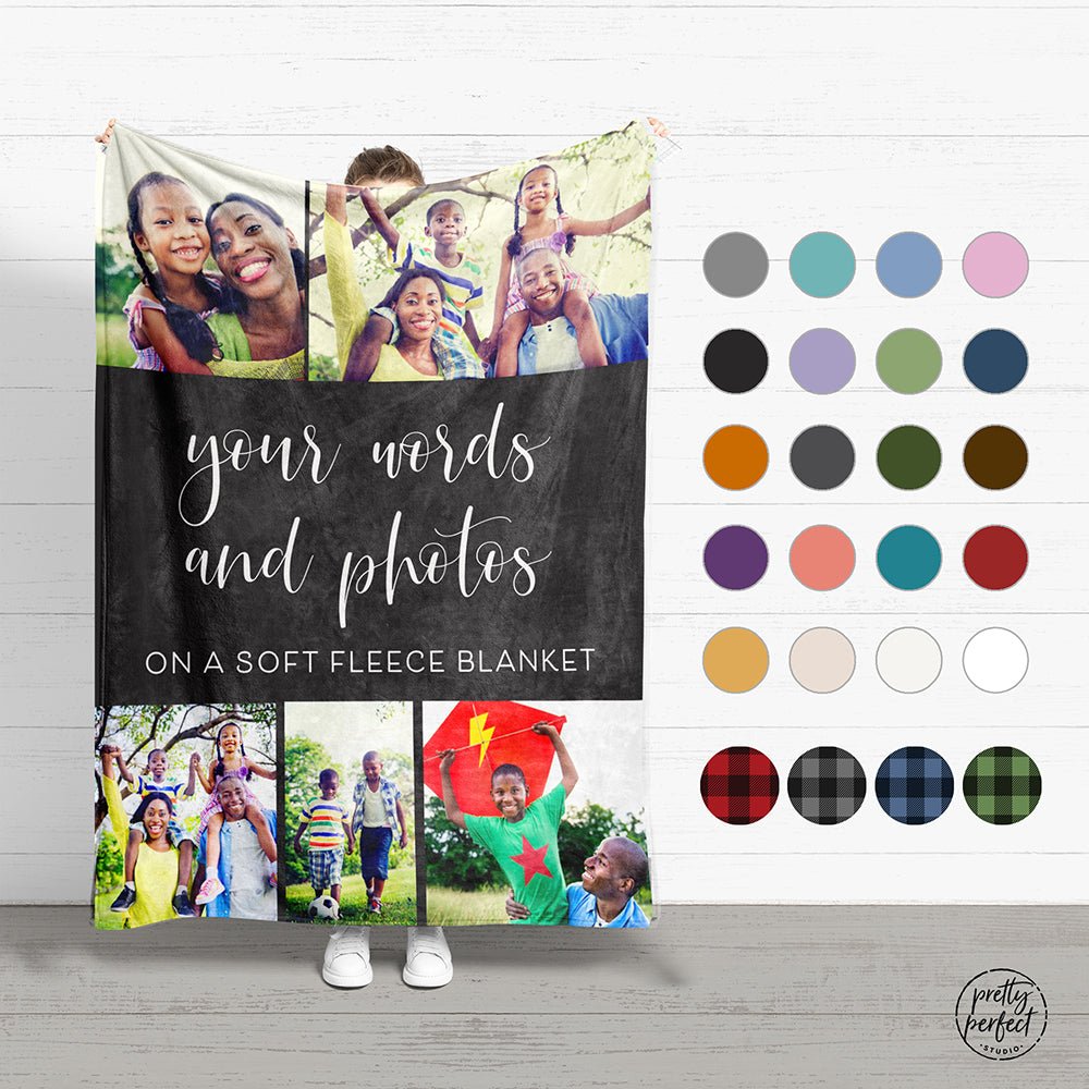 Personalised 8-Photo Blue Checked Fleece Throw Blanket – 58x58 Inch – UK Made