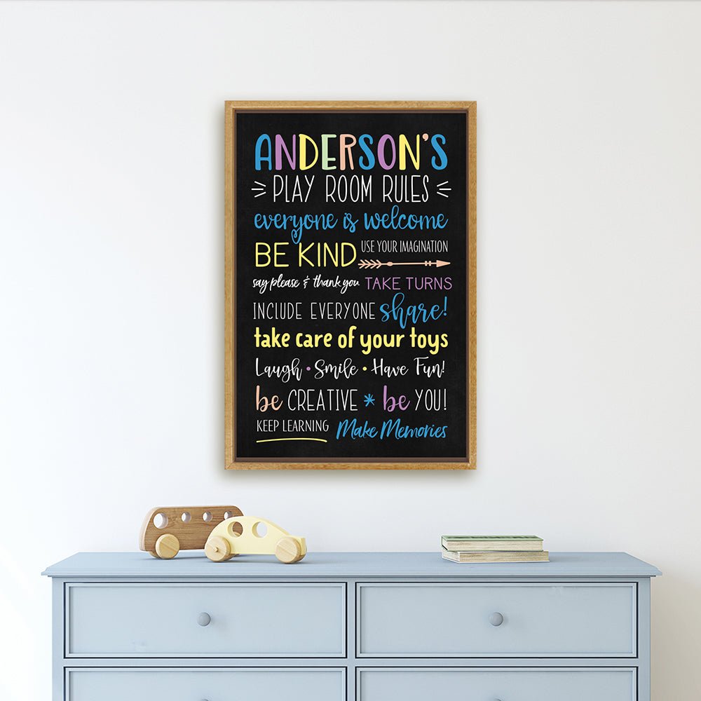 Personalized Playroom Sign | Custom Play Room Rules Canvas Vertical Sign Above Dresser - Pretty Perfect Studio