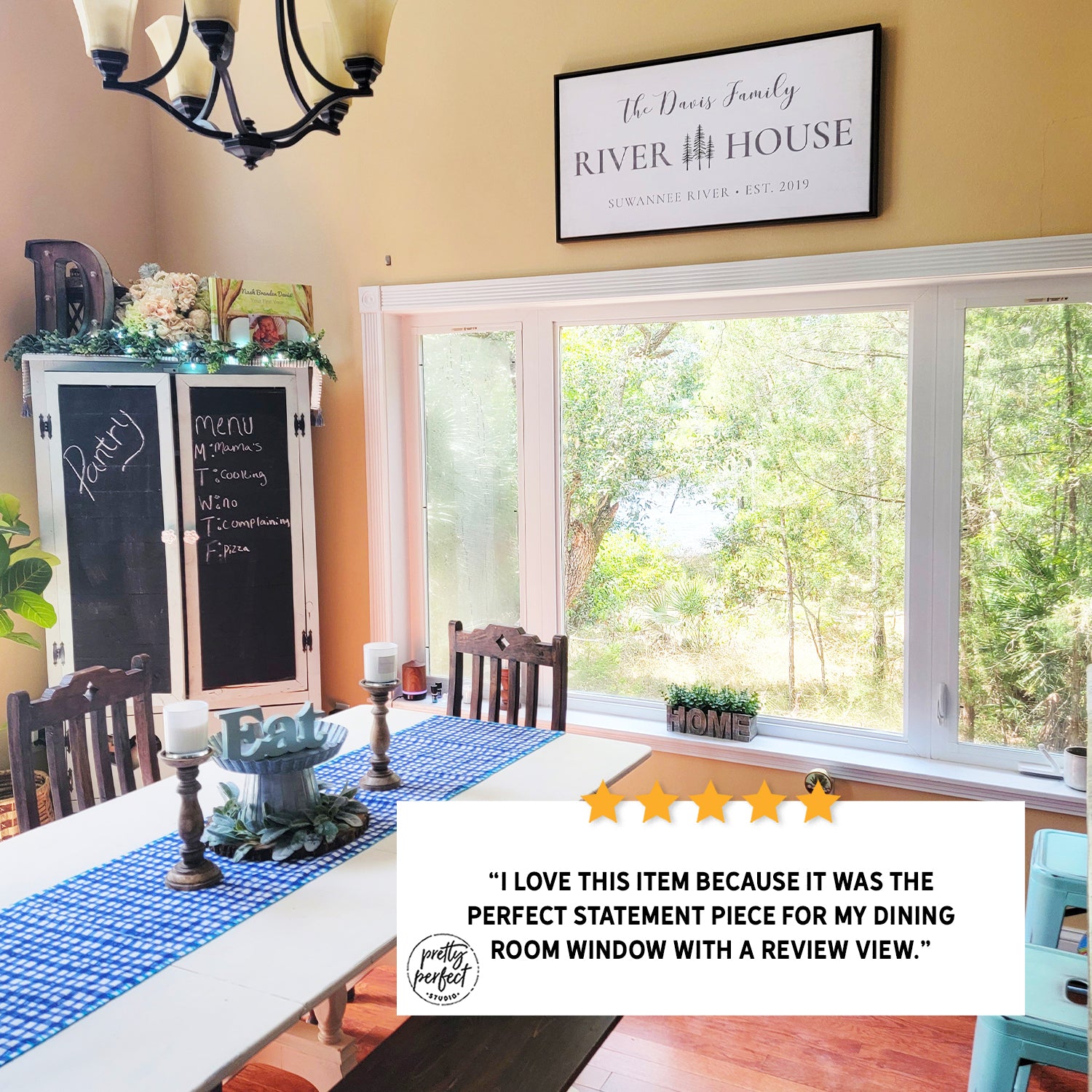 custom river house sign wall decor displayed in dining room personalized family name river house sign