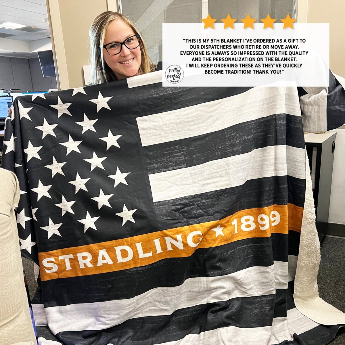 Customer product review for Custom Thin Gold Line Blanket for Dispatchers by Pretty Perfect Studio