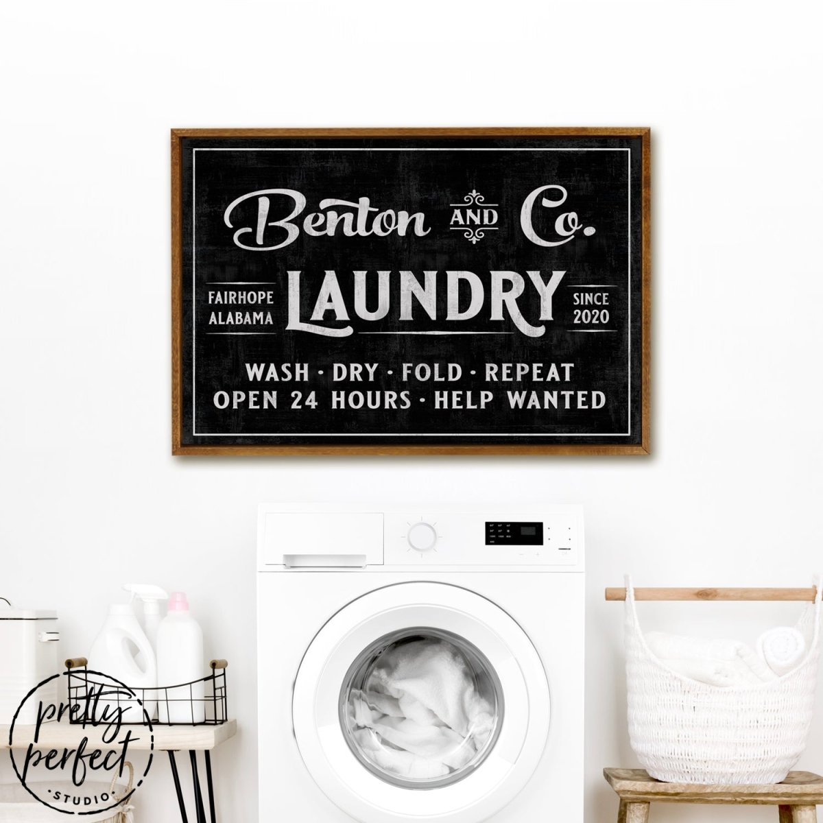 Custom Wash, Dry, Fold and Repeat Laundry Sign Hanging Above Washer in Laundry Room – Pretty Perfect Studio