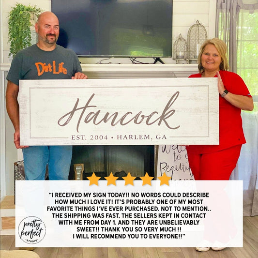 Customer product review for personalized family established sign by Pretty Perfect Studio