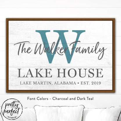 Personalized lake house sign with family name displayed in living room
