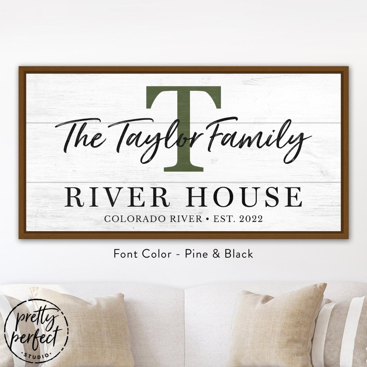 Personalized river house sign styled in neutral living room decor