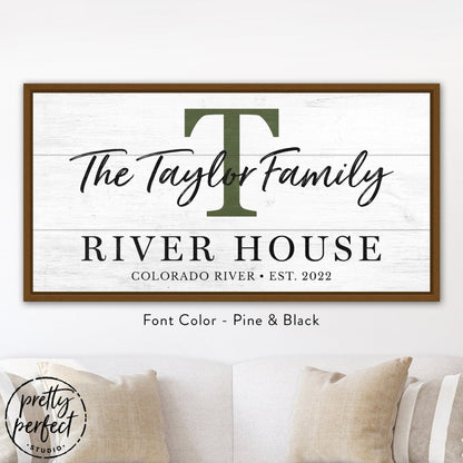 Personalized river house sign styled in neutral living room decor