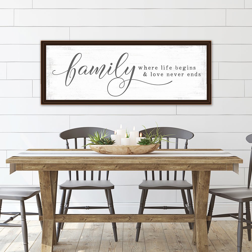 Family Where Life Begins and Love Never Ends Sign Above Dining Room Table - Pretty Perfect Studio