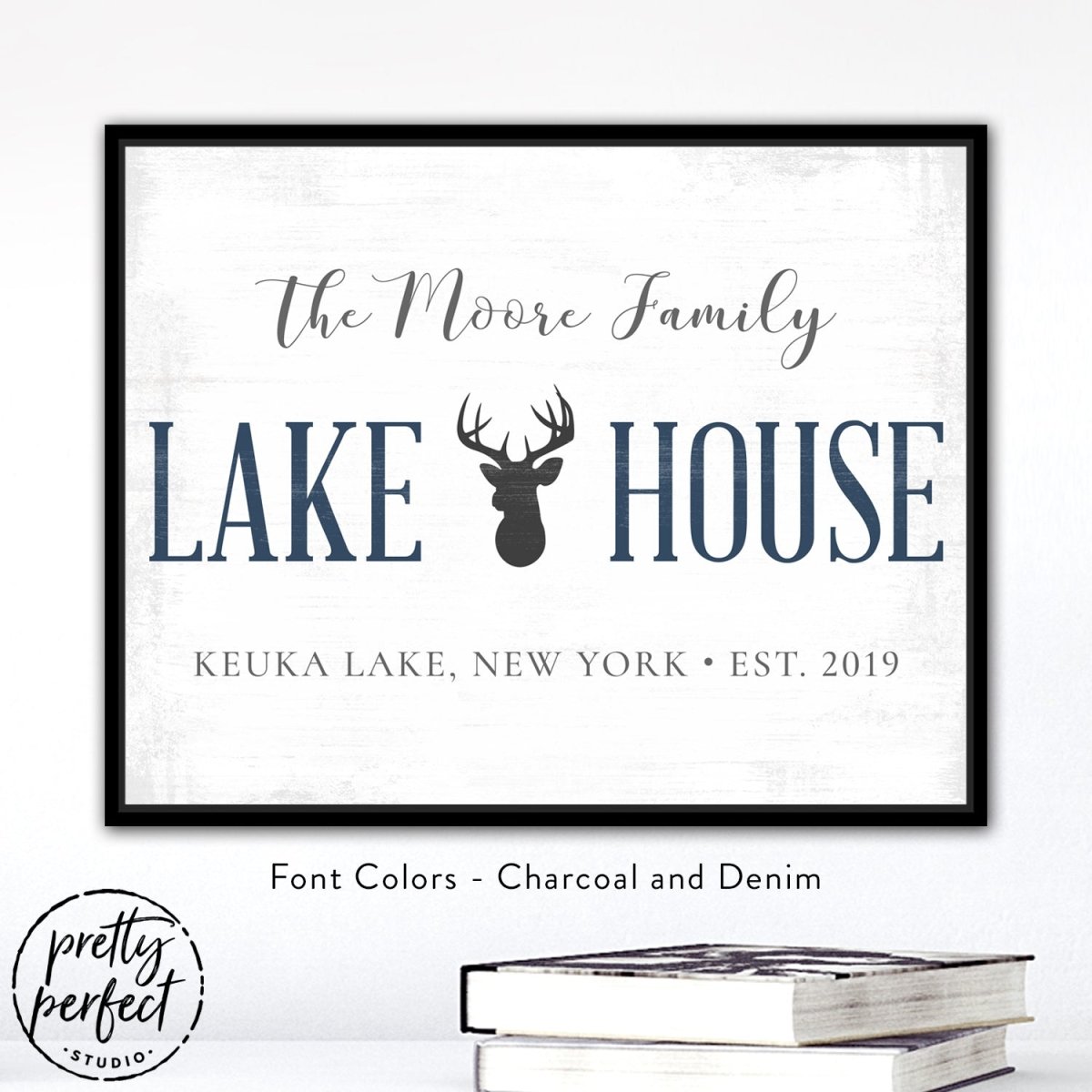 personalized lake house canvas sign with deer head design custom family name lake house wall decor rustic cabin lake sign charcoal and denim colors