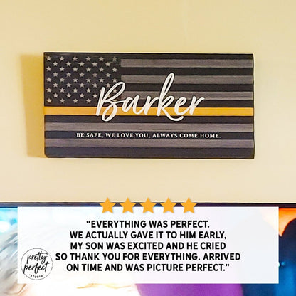 Customer product review for personalized thin gold line flag sign by Pretty Perfect Studio