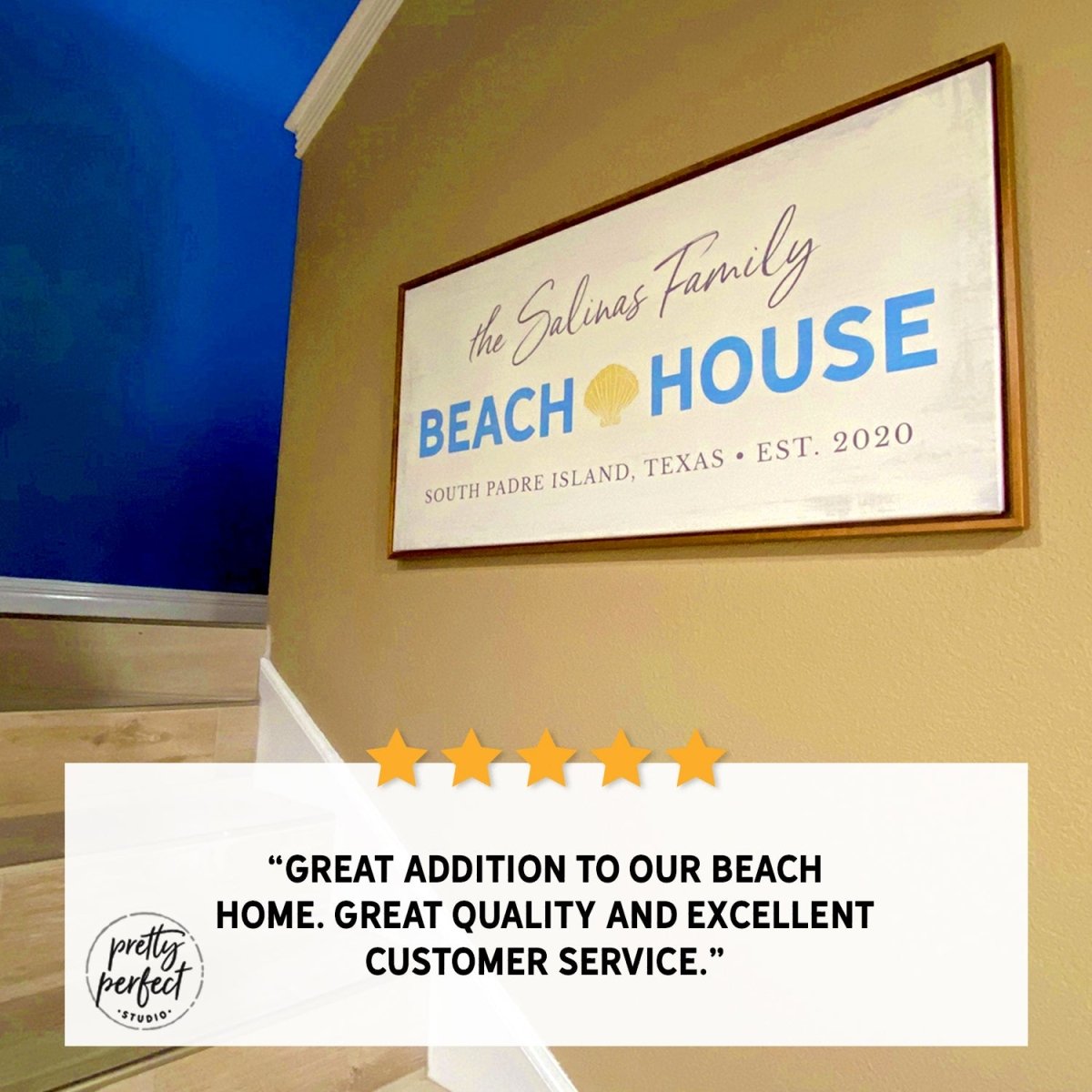 personalized beach house sign on wall with family name, custom coastal home decor with location, beach house wall art with shell design, seaside family name sign, customer review photo showing beach home sign in hallway