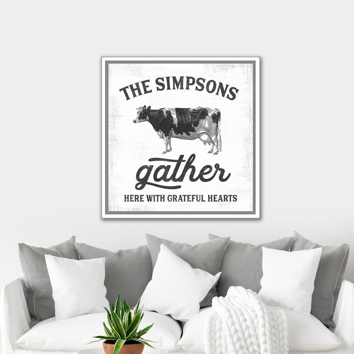 Gather Here With Grateful Hearts Family Name Sign Above Couch - Pretty Perfect Studio