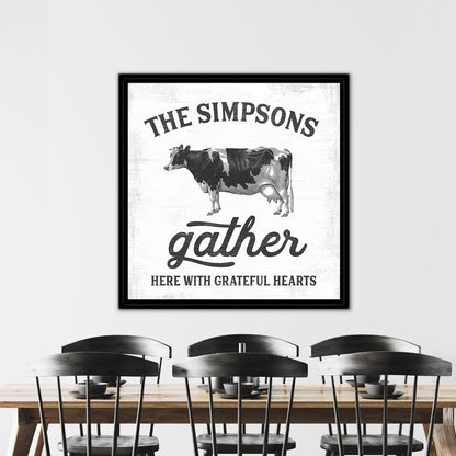 Gather Here With Grateful Hearts Family Name Sign Above Table - Pretty Perfect Studio