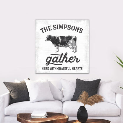 Gather Here With Grateful Hearts Family Name Sign Above Couch - Pretty Perfect Studio