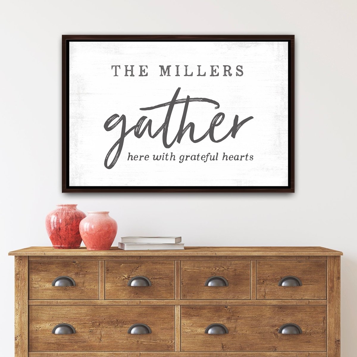 Gather Here With Grateful Hearts Personalized Last Name Sign Above Entryway Table - Pretty Perfect Studio
