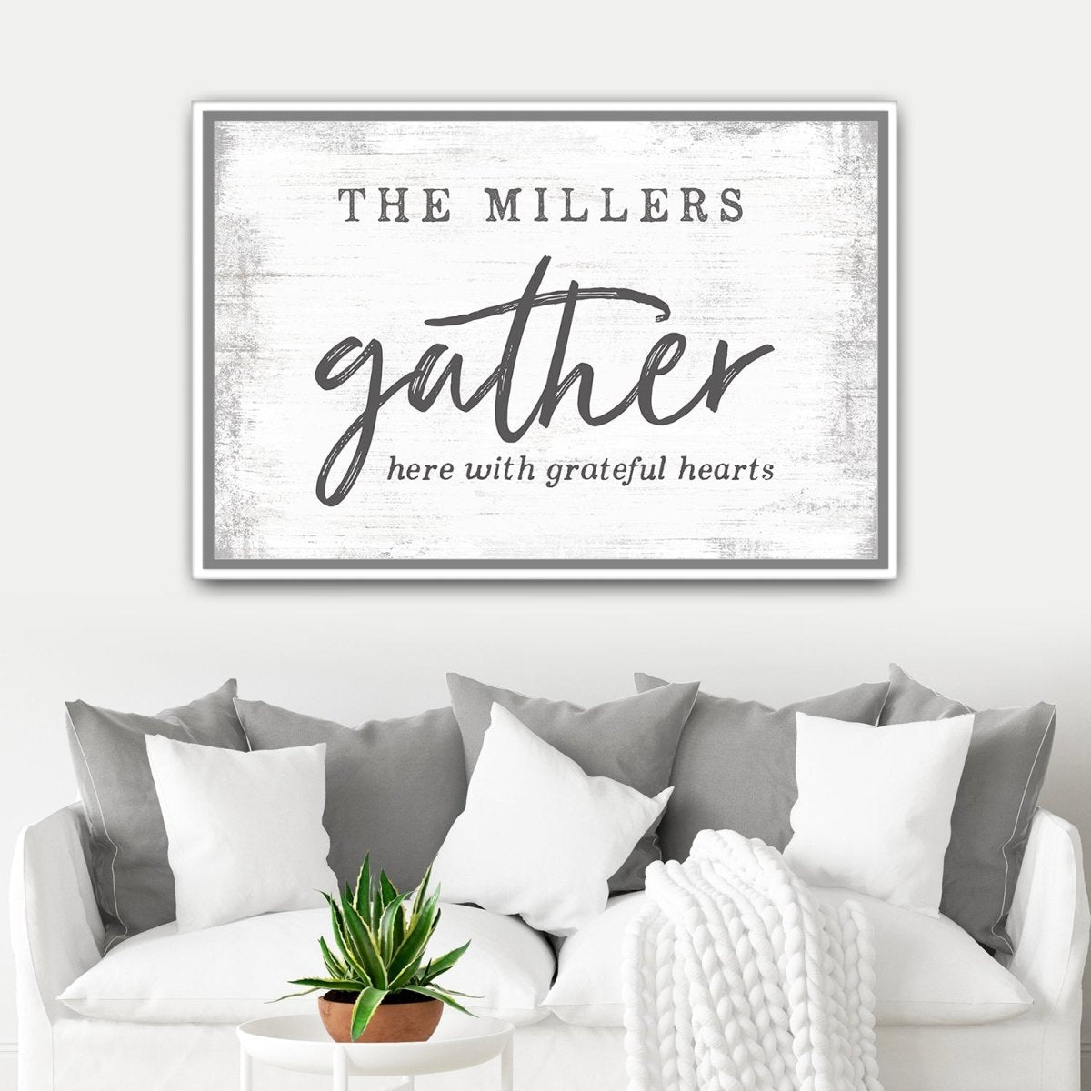 Gather Here With Grateful Hearts Personalized Name Sign Above Couch - Pretty Perfect Studio