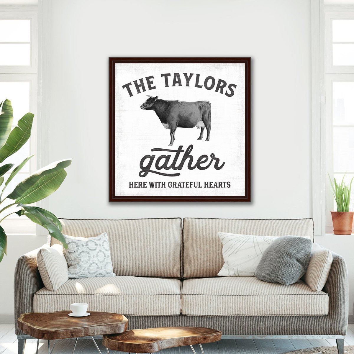Gather Here With Grateful Hearts Sign With Personalization Above Couch - Pretty Perfect Studio