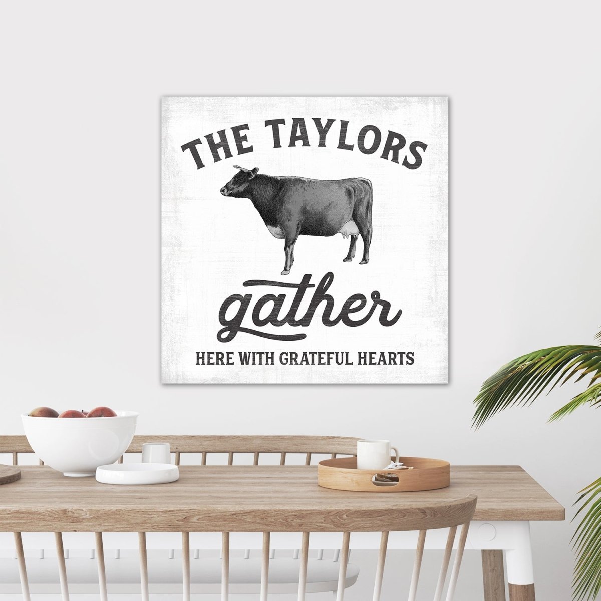 Gather Here With Grateful Hearts Sign With Personalization Above Table - Pretty Perfect Studio