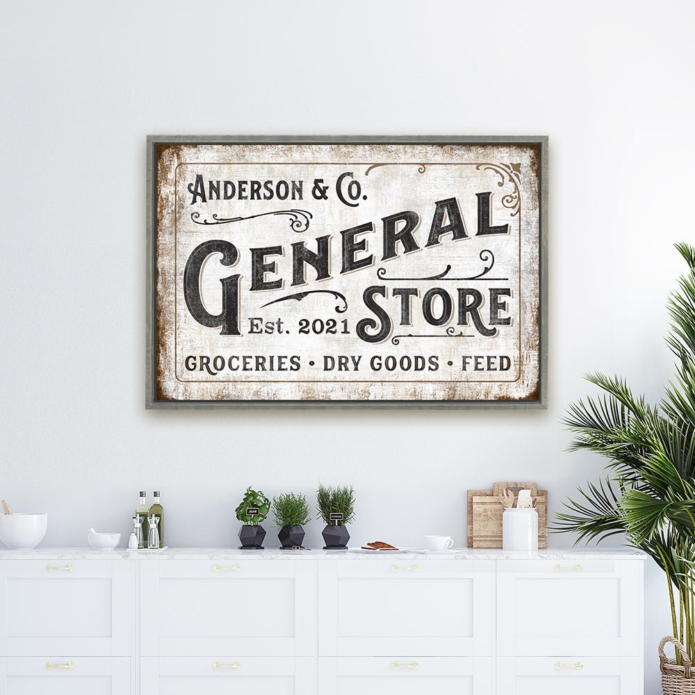 General Store Sign Personalized With Established Date on Wall in Entryway of Home - Pretty Perfect Studio