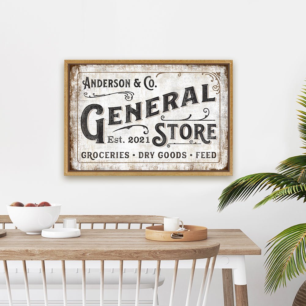 General Store Sign Personalized With Established Date on Wall Above Kitchen Table - Pretty Perfect Studio