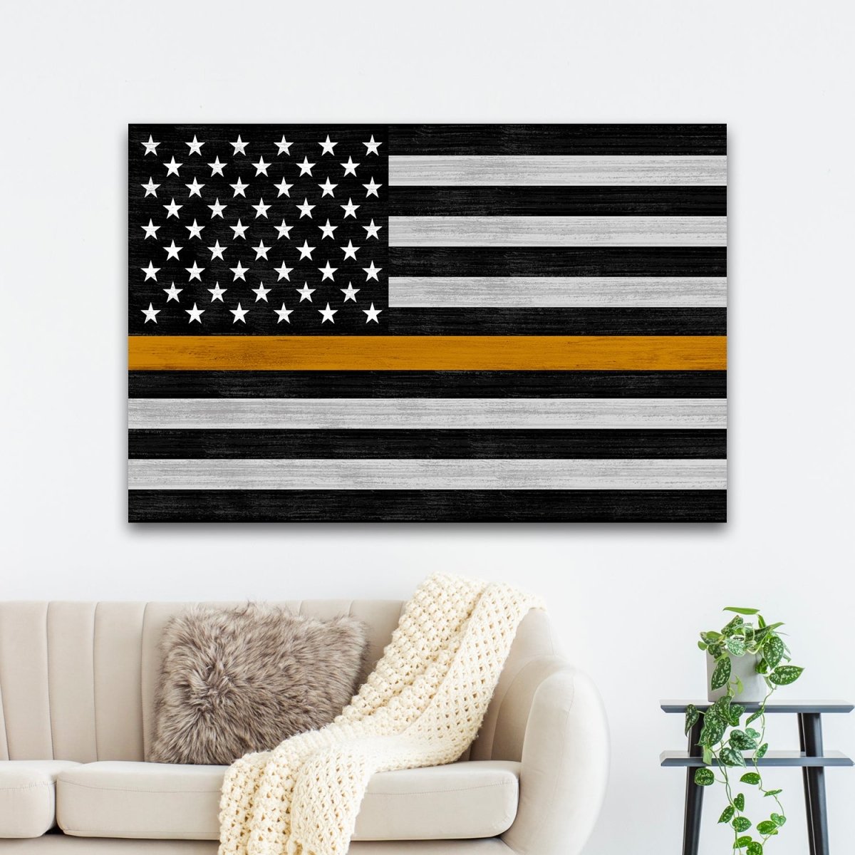 Gold Line Flag Canvas Sign For 911 Dispatchers & Tow Truck Drivers Above Couch - Pretty Perfect Studio