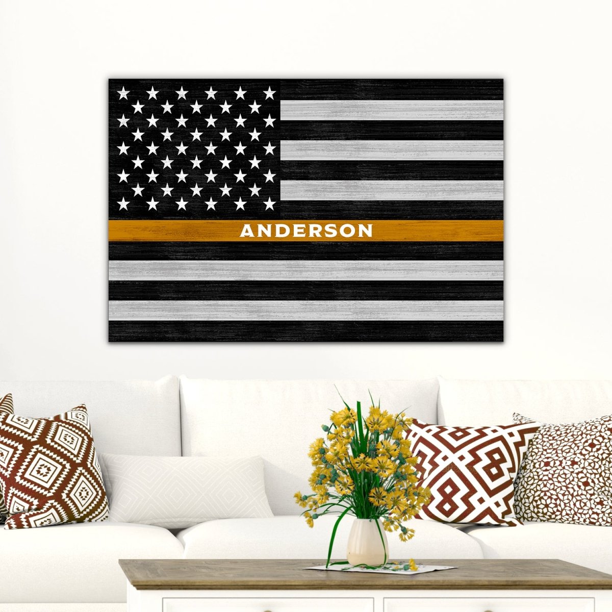 Gold Line Flag Wall Art Sign For Dispatchers & Tow Truck Drivers Above Couch - Pretty Perfect Studio