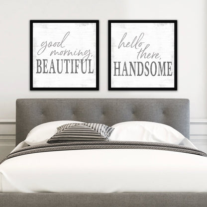 Good Morning Beautiful, Hello There Handsome Wall Art Above Bed - Pretty Perfect Studio