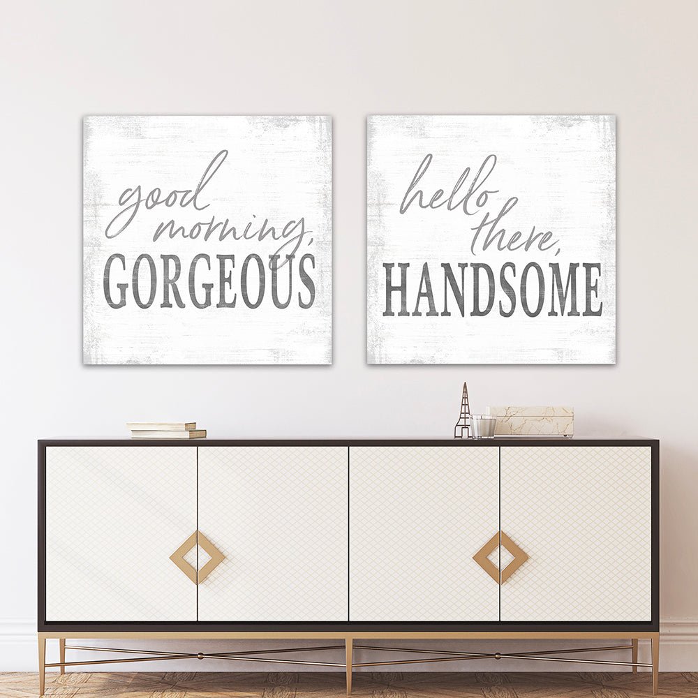 Good Morning Gorgeous, Hello There Handsome Wall Art In Entryway- Pretty Perfect Studio