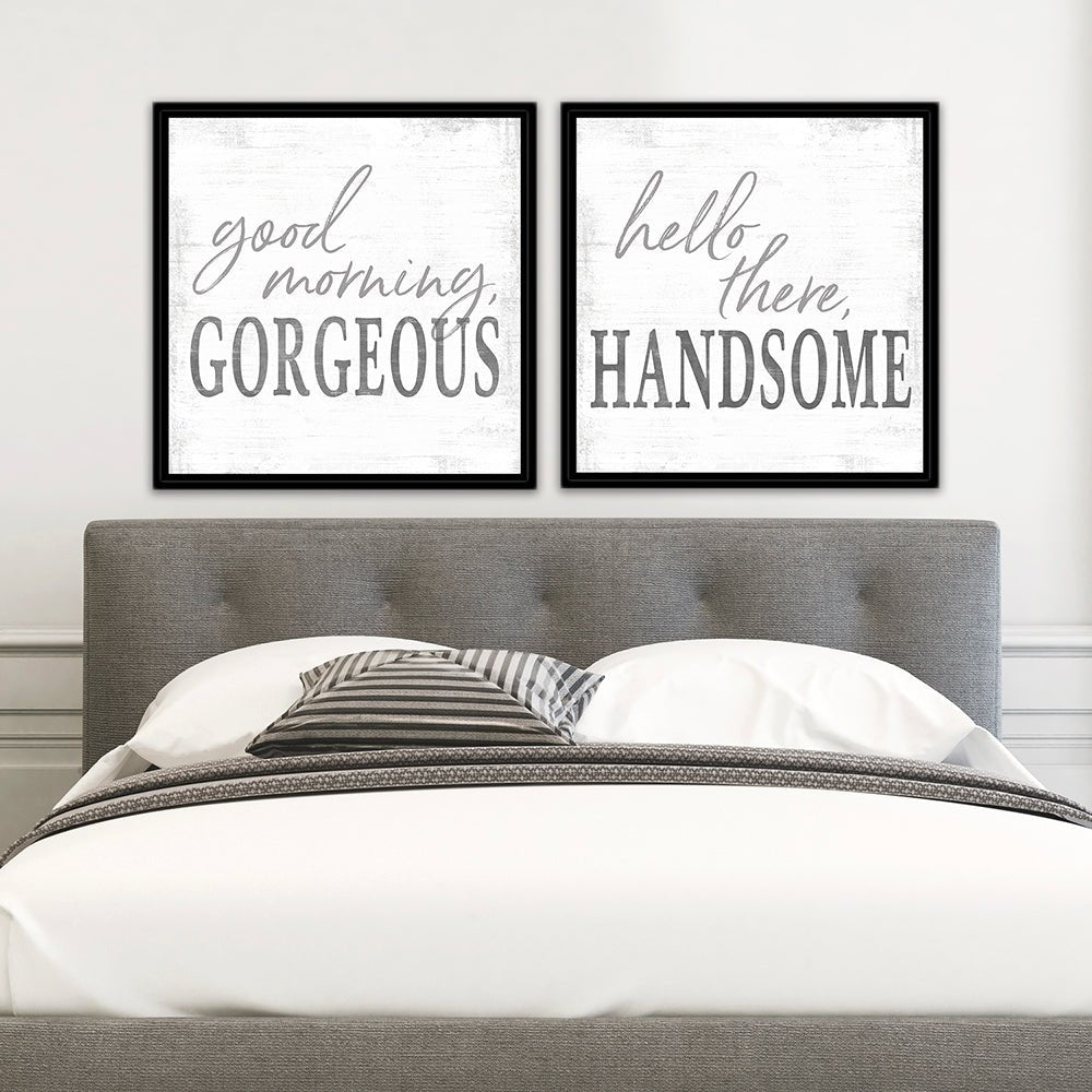 Good Morning Gorgeous, Hello There Handsome Wall Art Above Bed - Pretty Perfect Studio