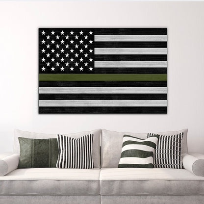 Green Line American Flag Military Sign in Living Room Above Couch - Pretty Perfect Studio