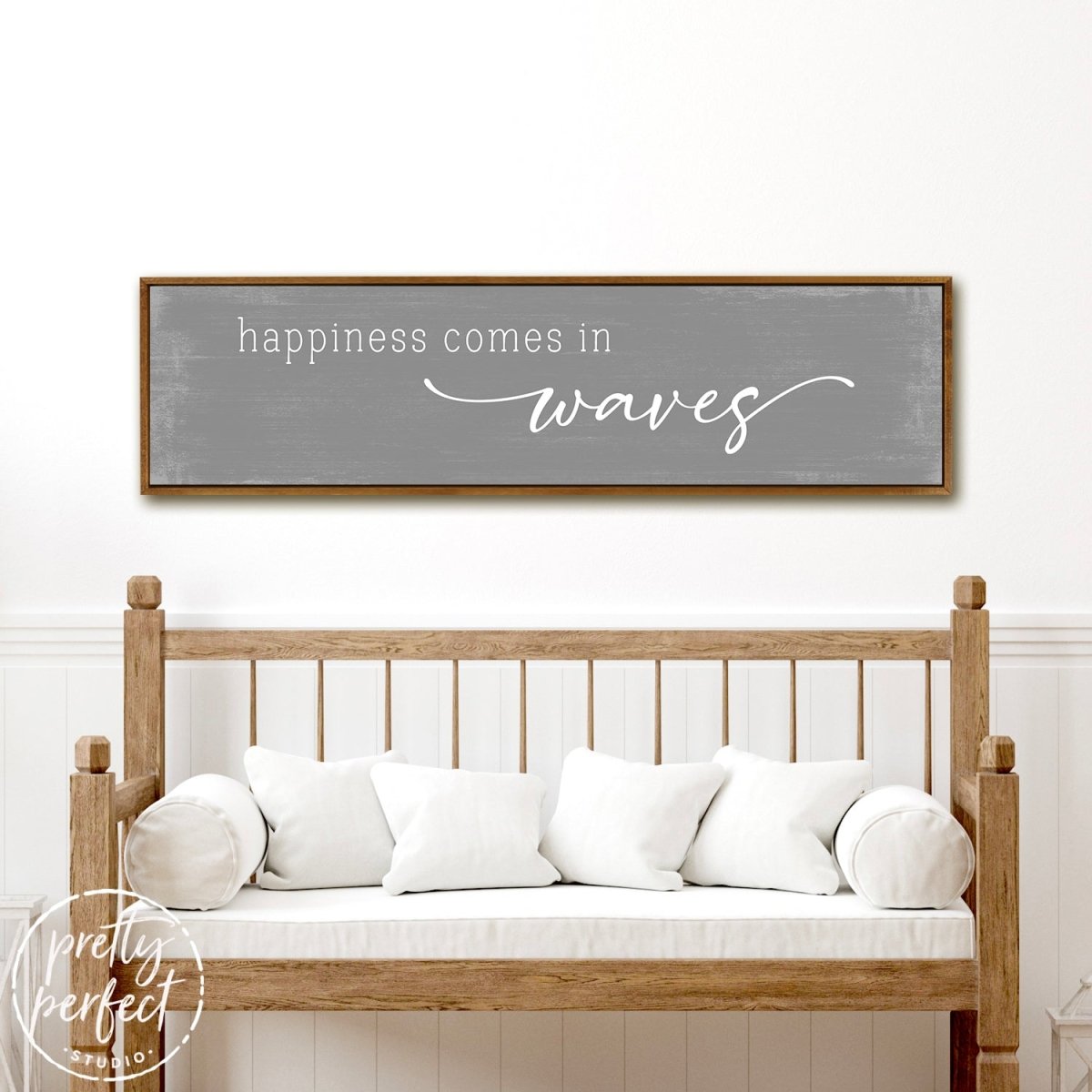 Happiness Comes in Waves Sign Above Bench - Pretty Perfect Studio