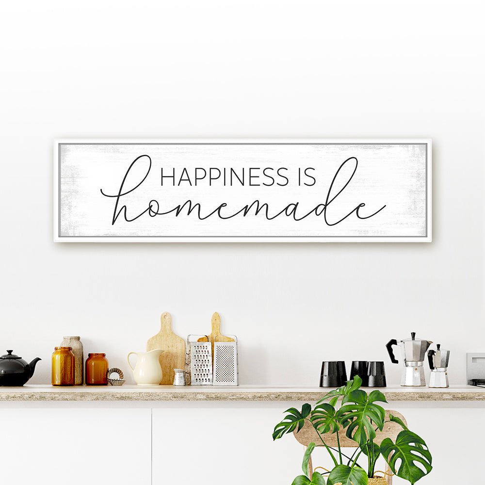 Happiness Is Homemade Canvas Sign in Kitchen Above Shelf - Pretty Perfect Studio