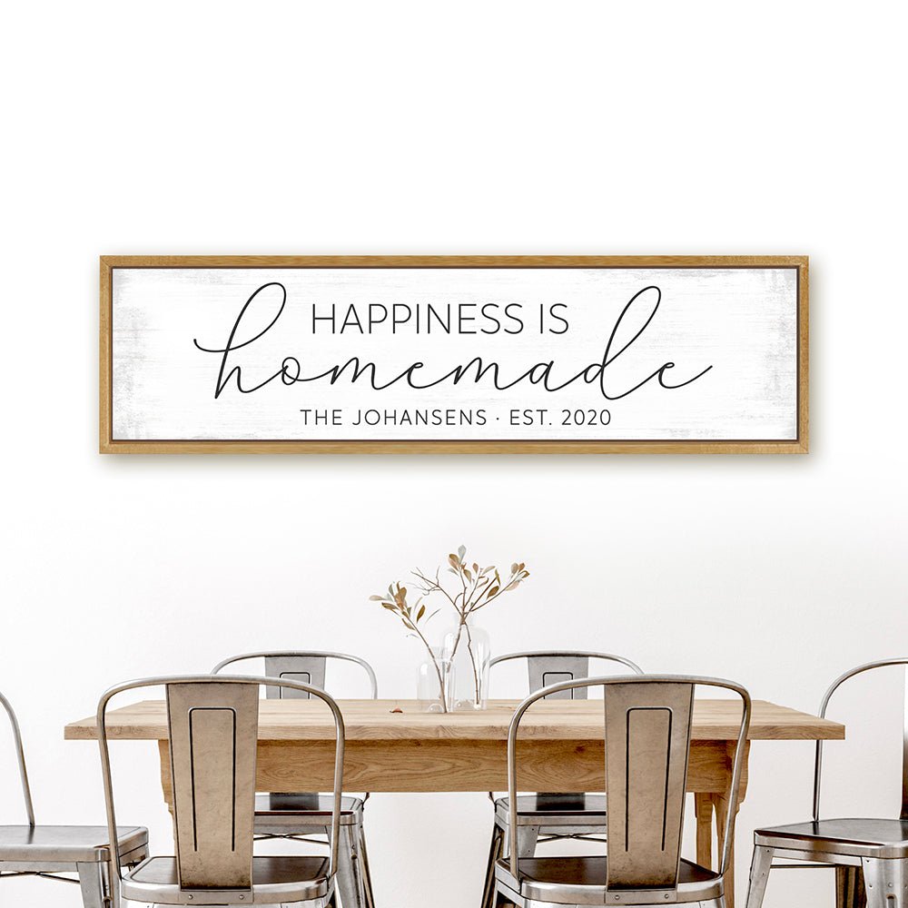 Happiness Is Homemade Canvas Sign Hanging Above Kitchen Table - Pretty Perfect Studio