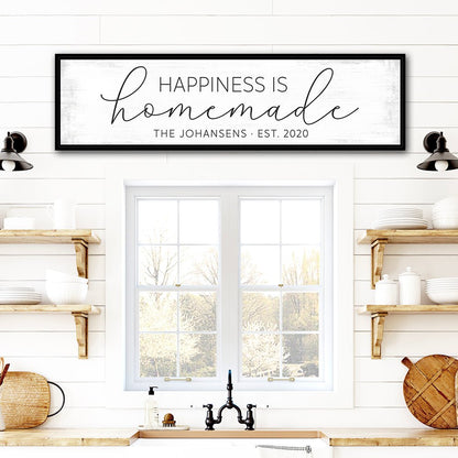Happiness Is Homemade Canvas Sign Hanging Above Sink in Kitchen - Pretty Perfect Studio