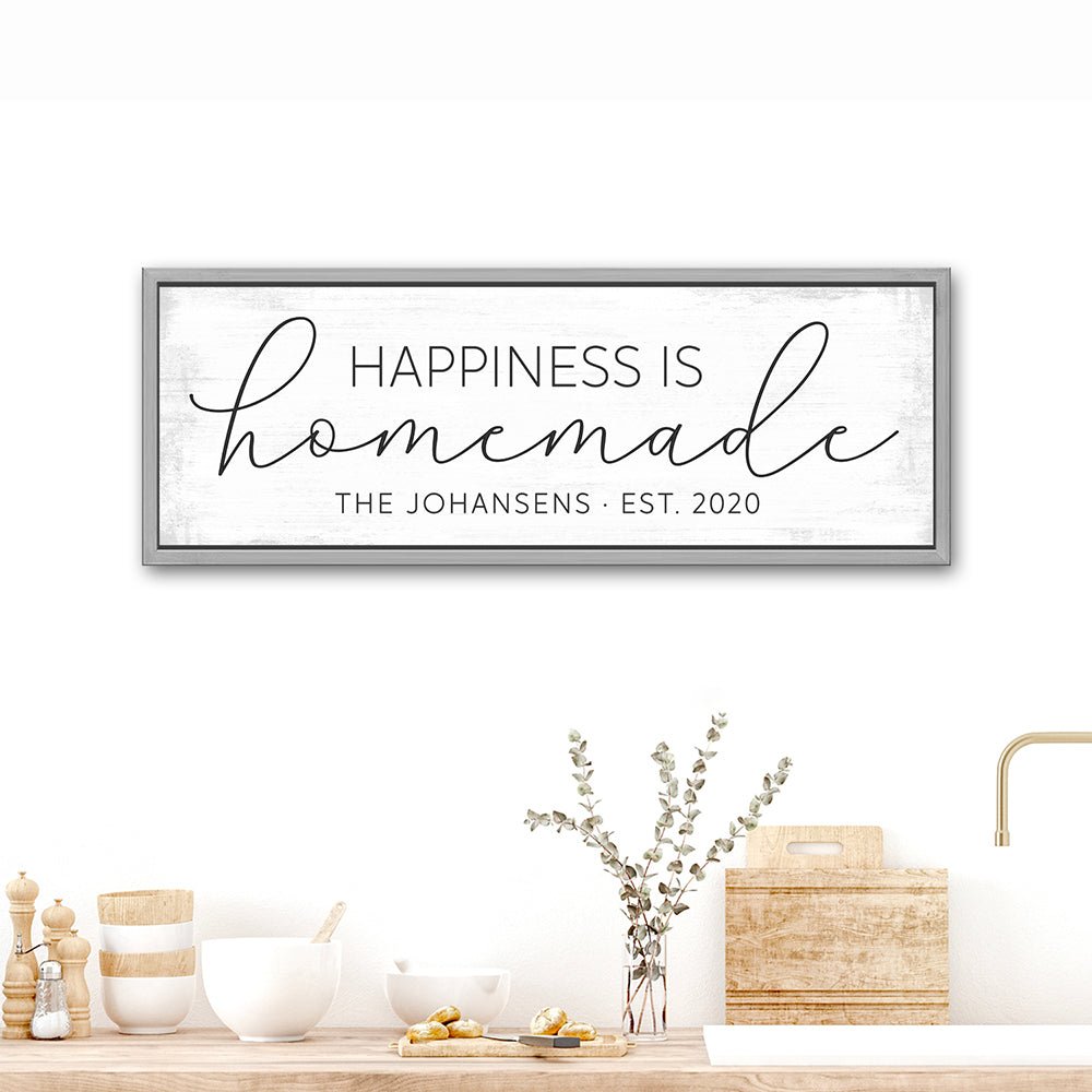 Happiness Is Homemade Canvas Sign Hanging on Wall Above Kitchen Table - Pretty Perfect Studio