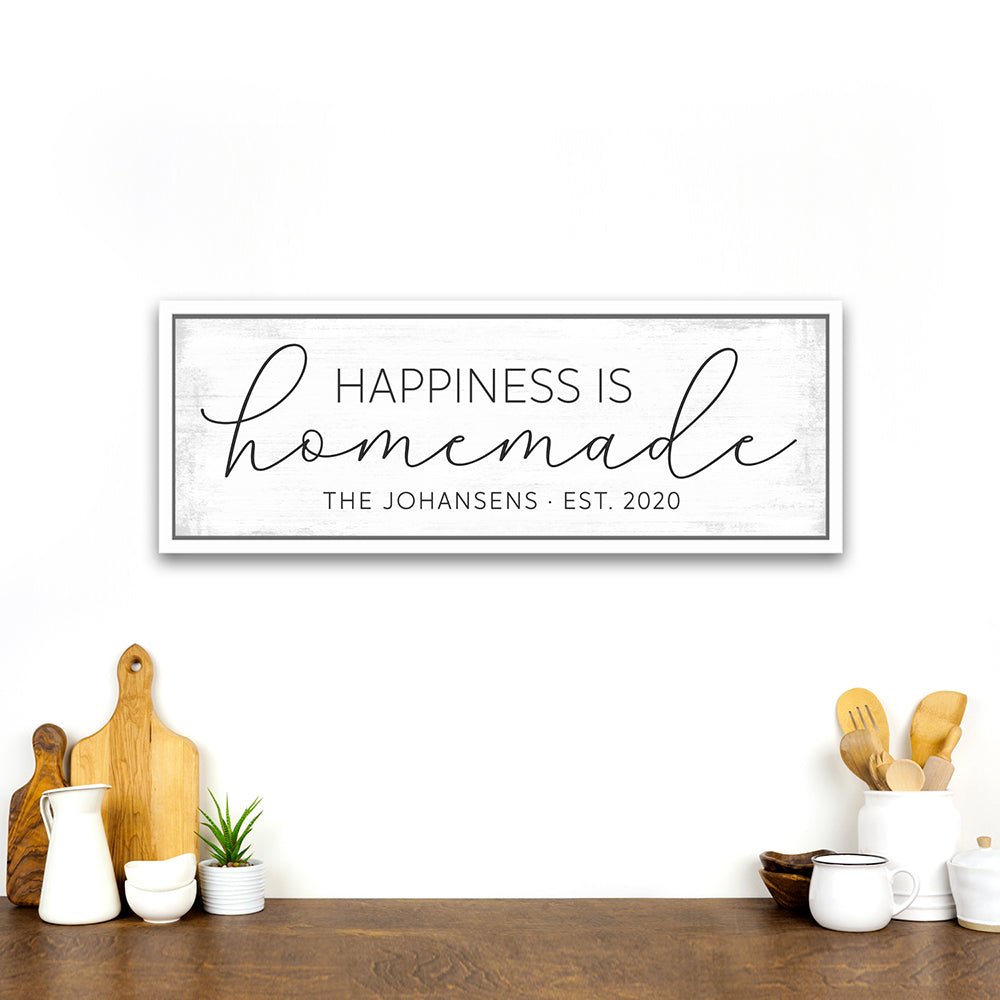 Happiness Is Homemade Canvas Sign Hanging On Wall in Dining Room - Pretty Perfect Studio