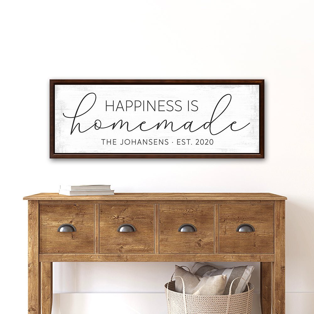 Happiness Is Homemade Canvas Sign in Entryway Above Table - Pretty Perfect Studio
