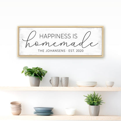Happiness Is Homemade Canvas Sign Hanging On Wall Above Shelf - Pretty Perfect Studio