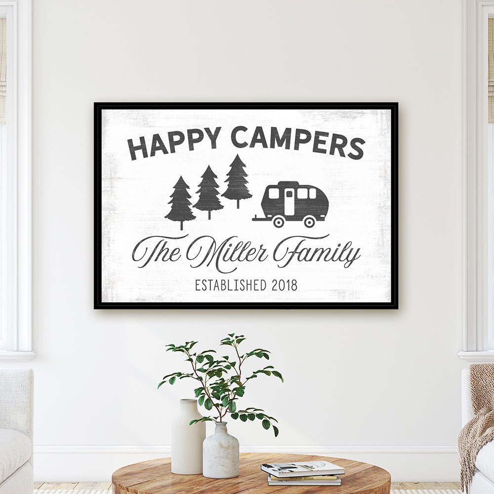 Happy Camper Happy Camper Custom Sign Hanging On Wall in Living Room - Pretty Perfect Studio