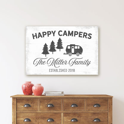 Happy Camper Sign With Family Name and Date On Wall Above Dresser - Pretty Perfect Studio