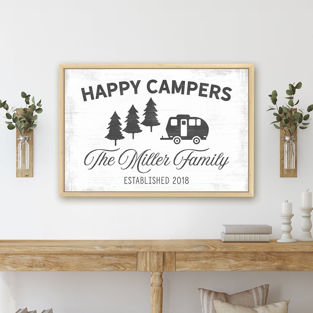 Happy Camper Sign Hanging On Wall Above Entryway Table - Pretty Perfect Studio