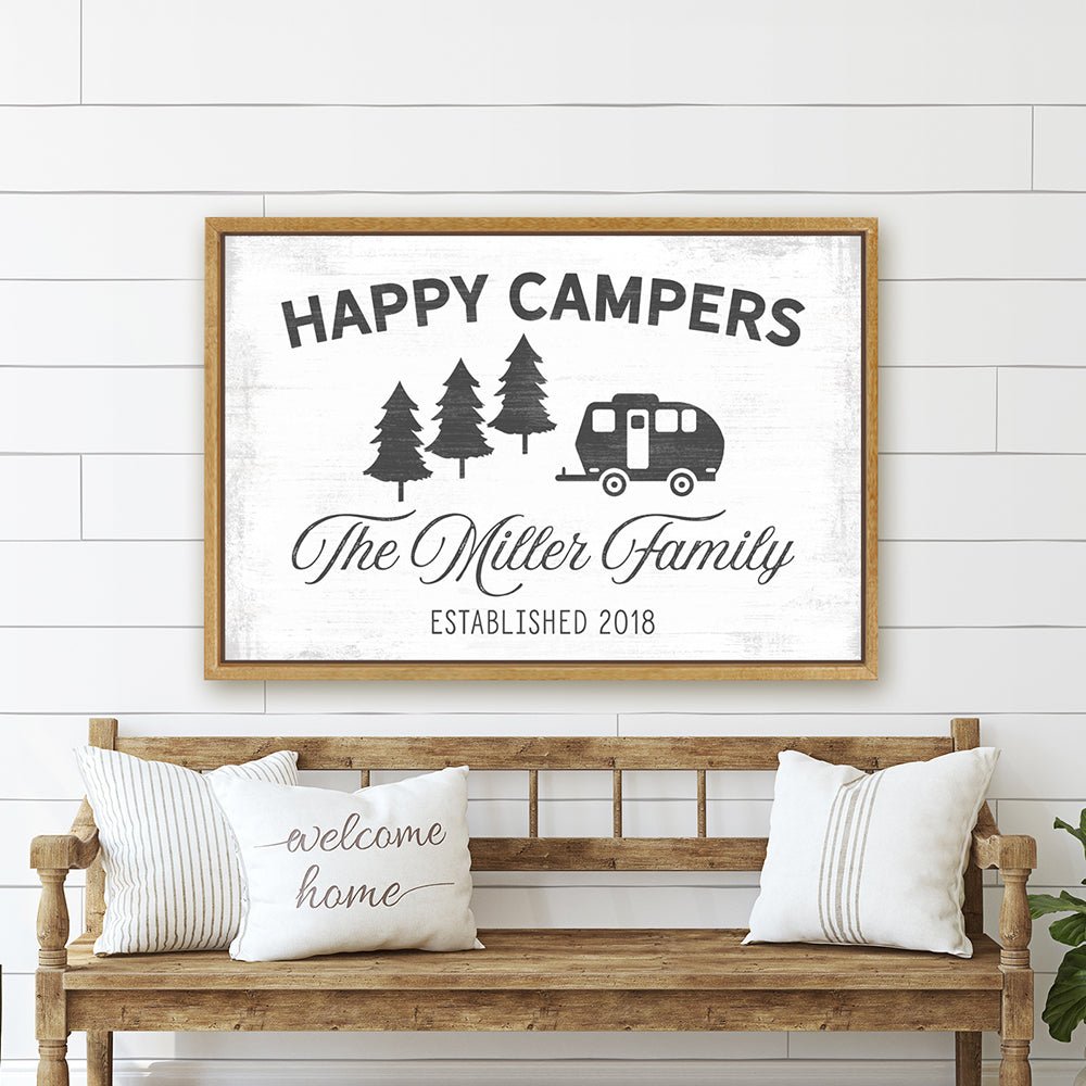 Happy Camper Sign Personalized With Name and Established Date Hanging on Wall Above Bench - Pretty Perfect Studio
