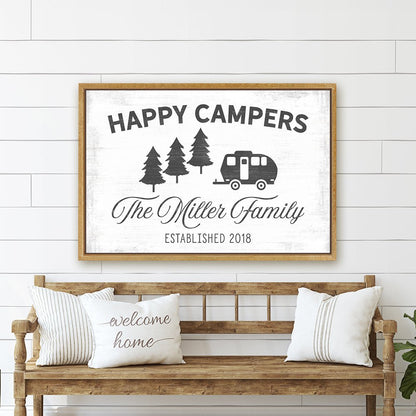 Happy Camper Sign Personalized With Name and Established Date Hanging on Wall Above Bench - Pretty Perfect Studio