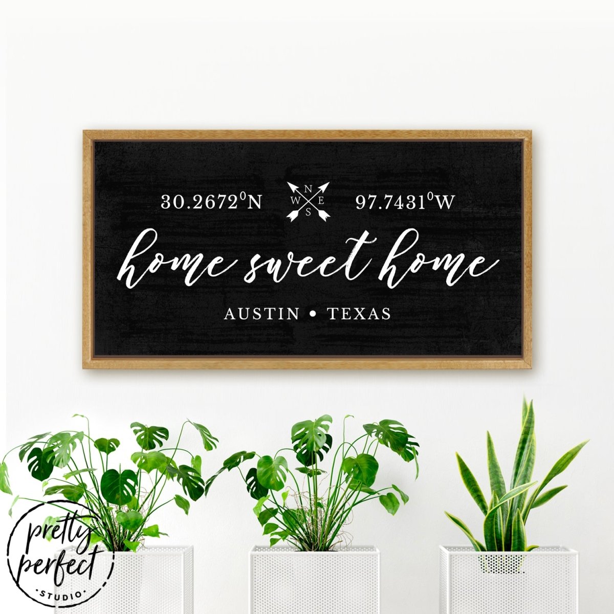 Home Sweet Home Location Canvas Sign Hanging on Wall - Pretty Perfect Studio