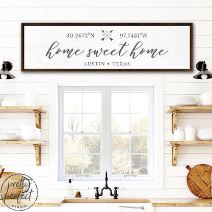 Home Sweet Home Location Sign Hanging Above Sink in Kitchen - Pretty Perfect Studio