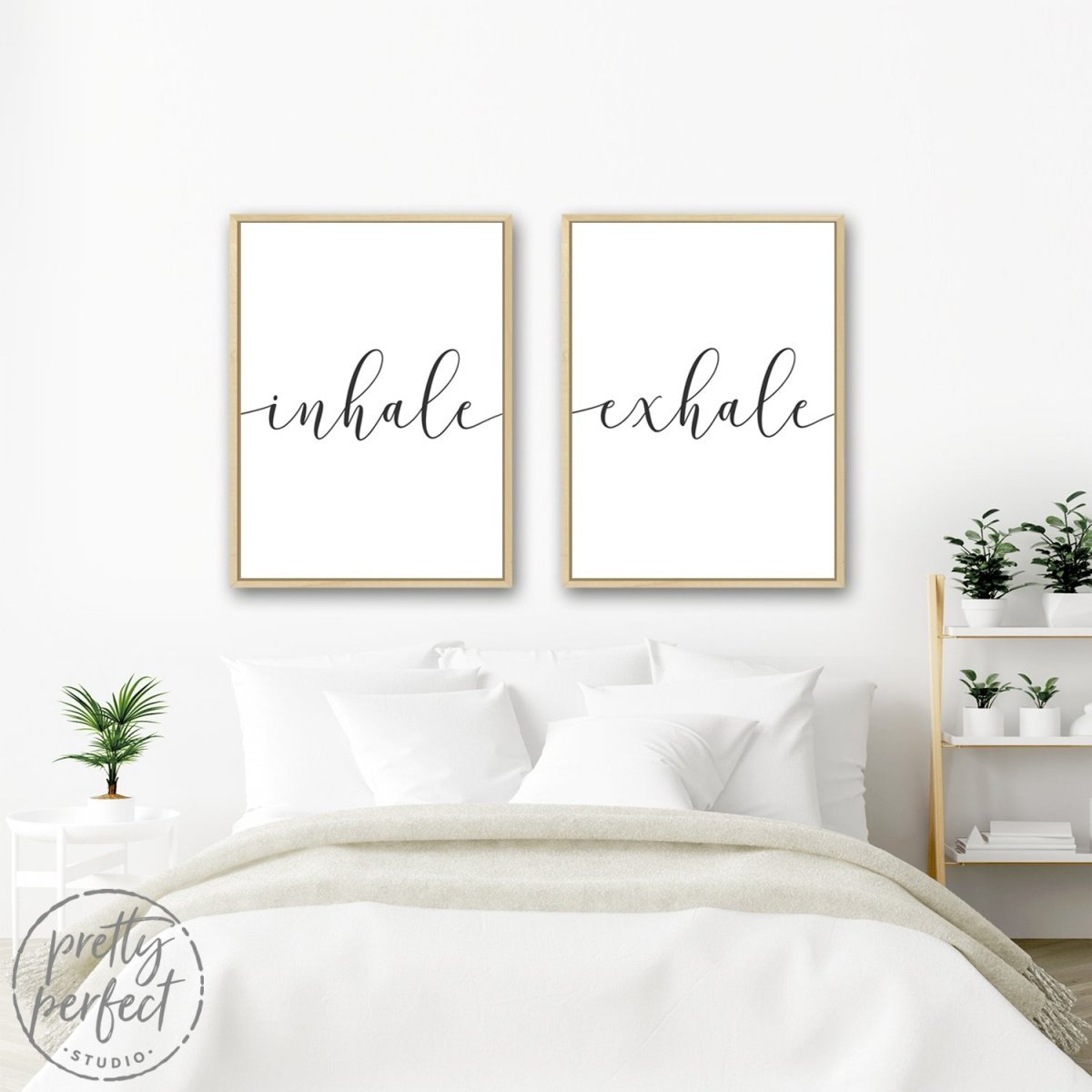 Inhale Exhale Wall Art Hanging in Bedroom Above Bed - Pretty Perfect Studio