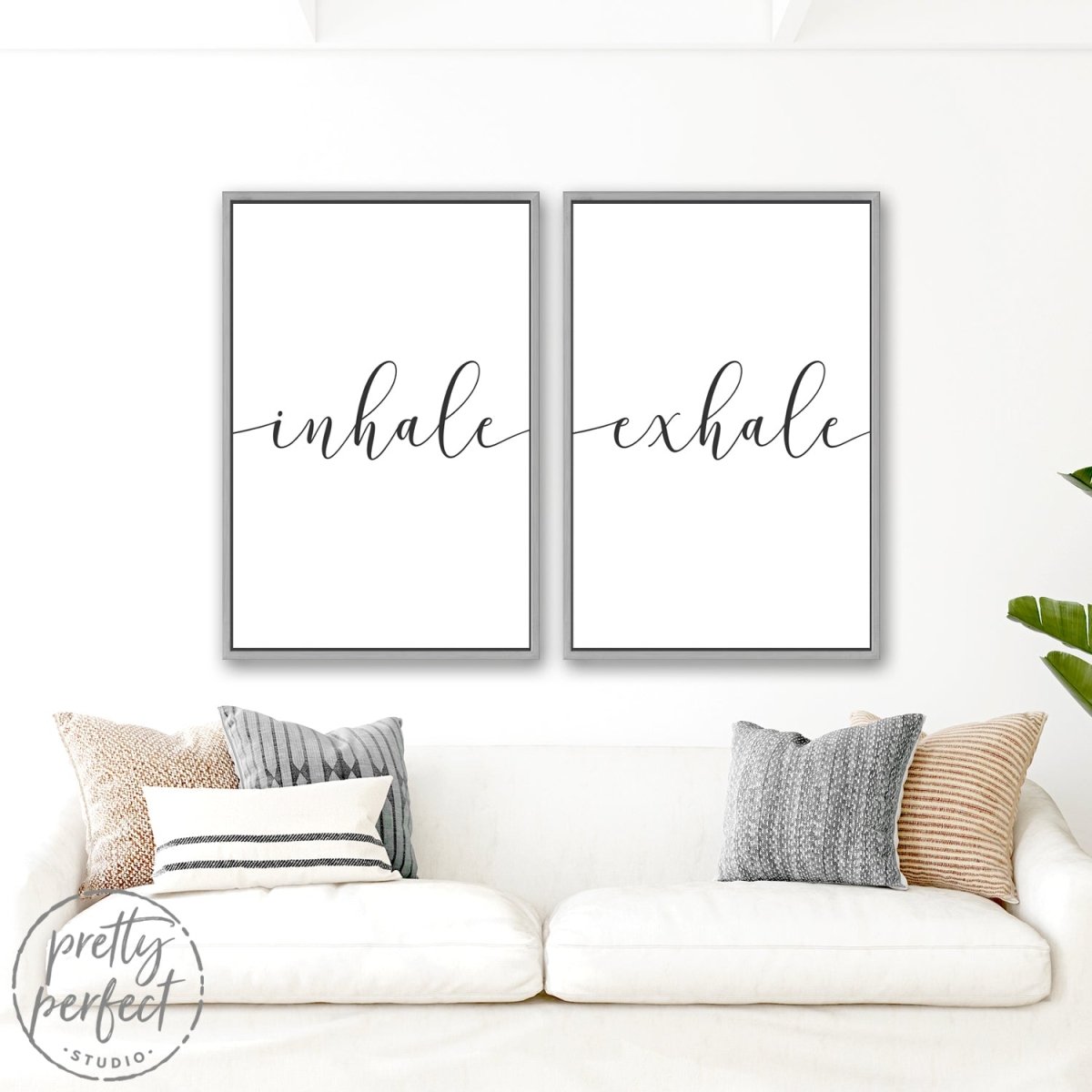 Inhale Exhale Canvas Art Hanging on Wall Above Couch - Pretty Perfect Studio