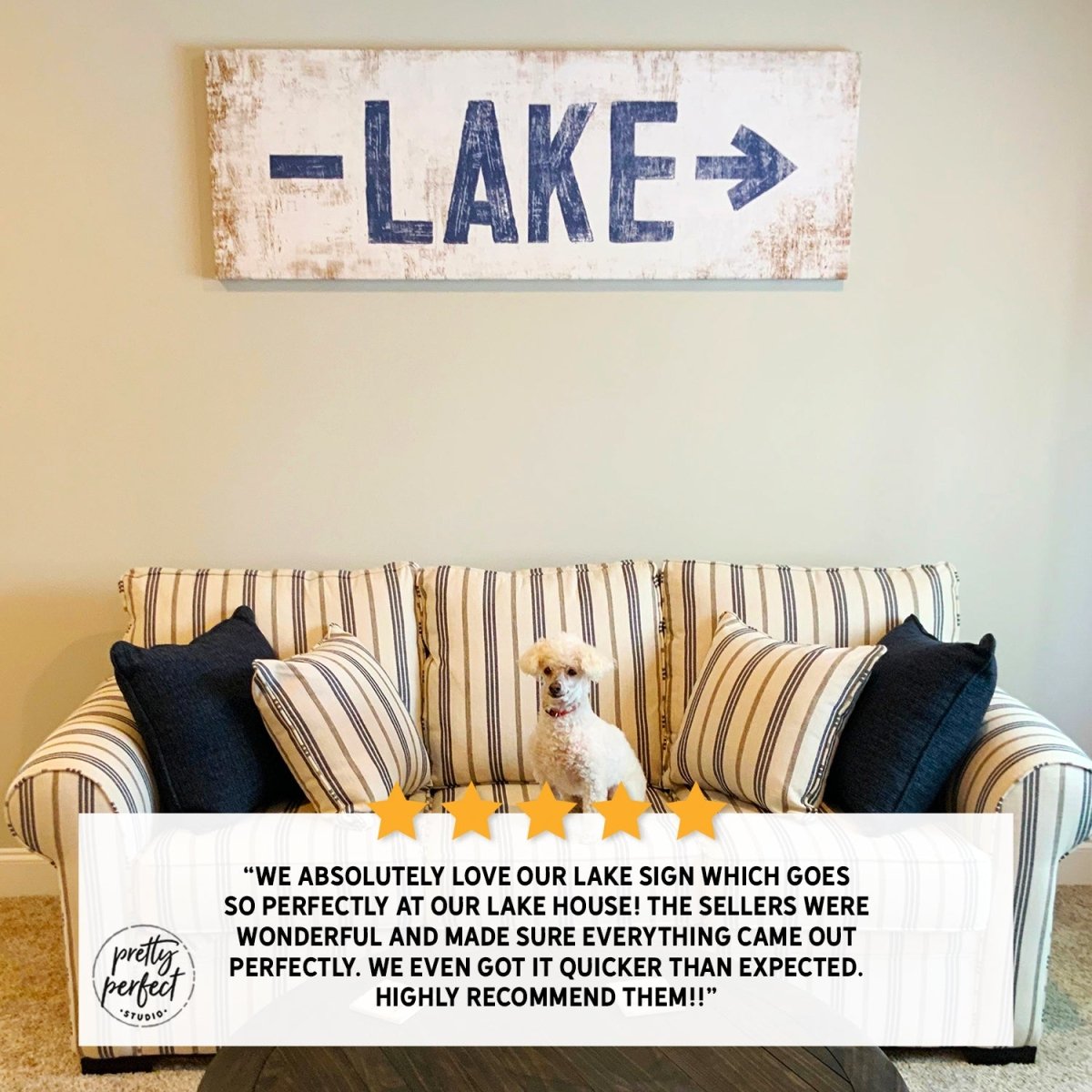 Customer product review for personalized lake arrow sign by Pretty Perfect Studio